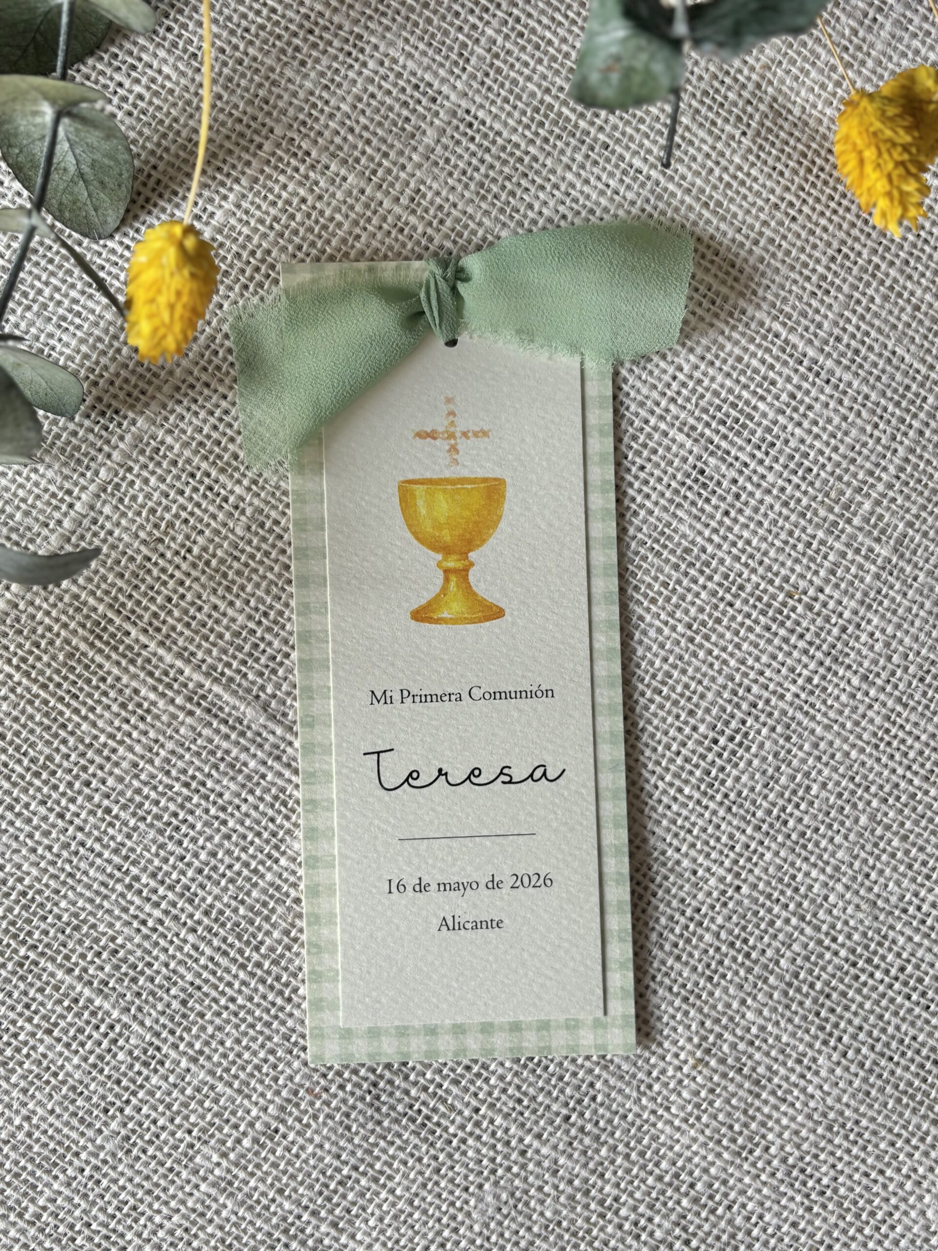 Recordatorio de Comunión doble con lazo